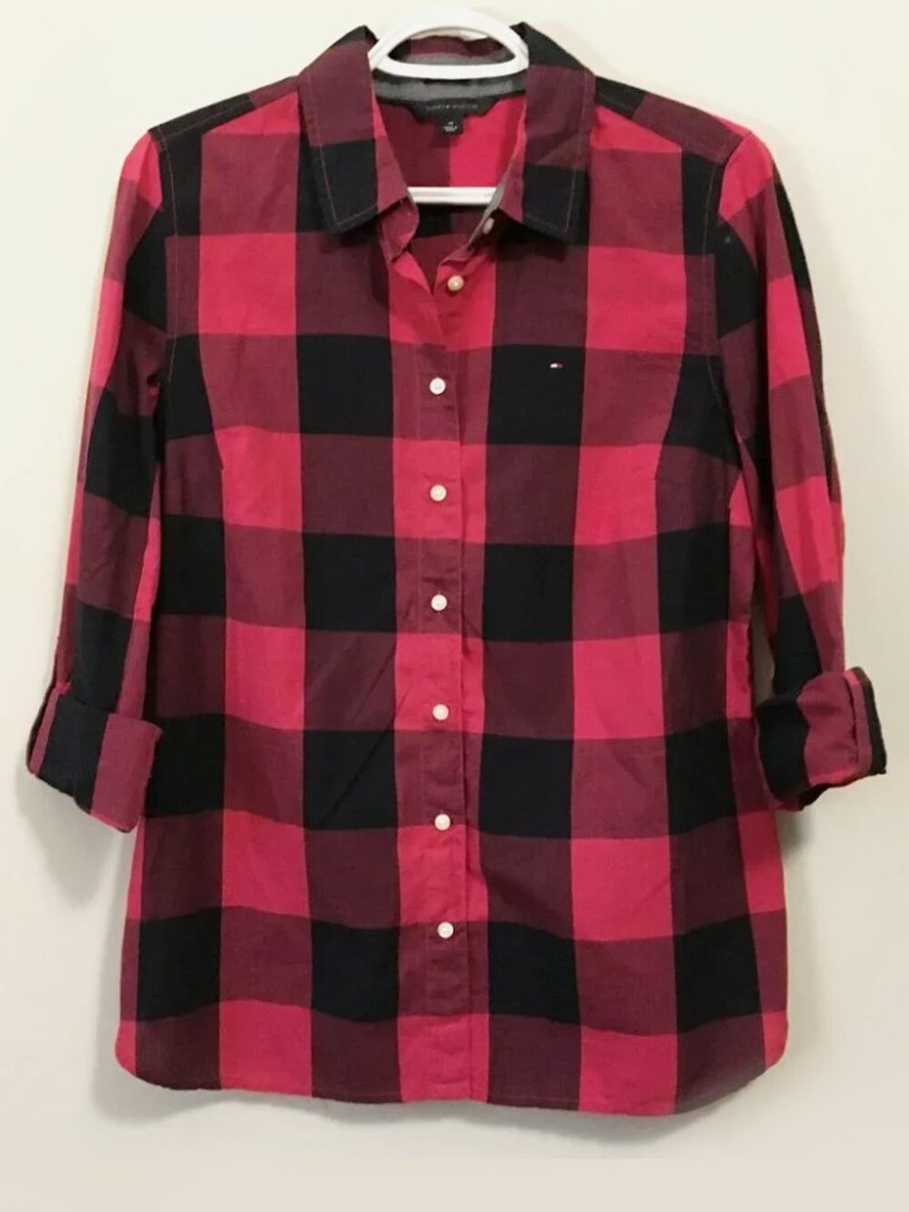 Tommy Hilfiger 100% Cotton Black Red Plaid Button Up Shirt - M Indie